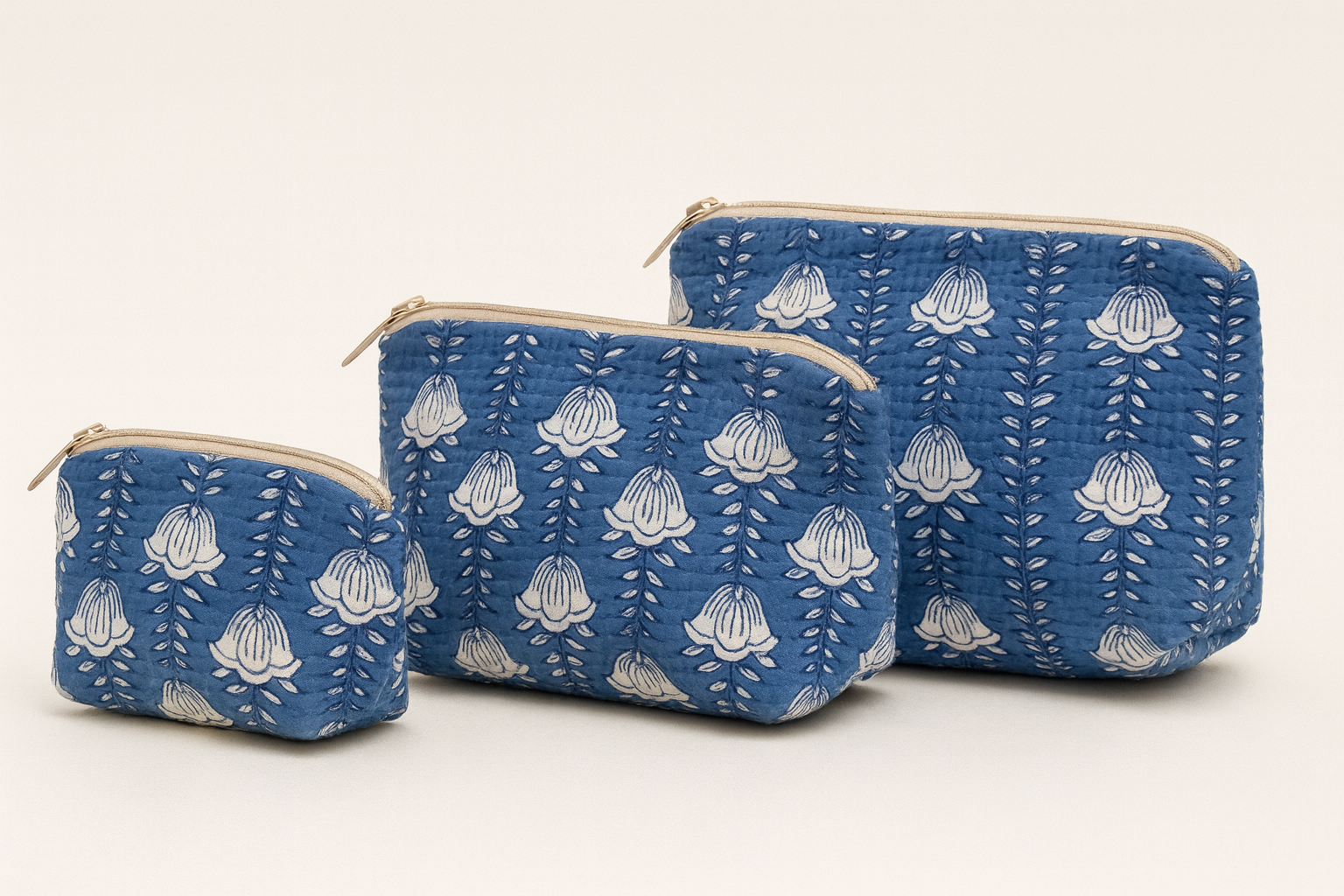 Blue Block Print Quilted Floral Cosmetic Bag