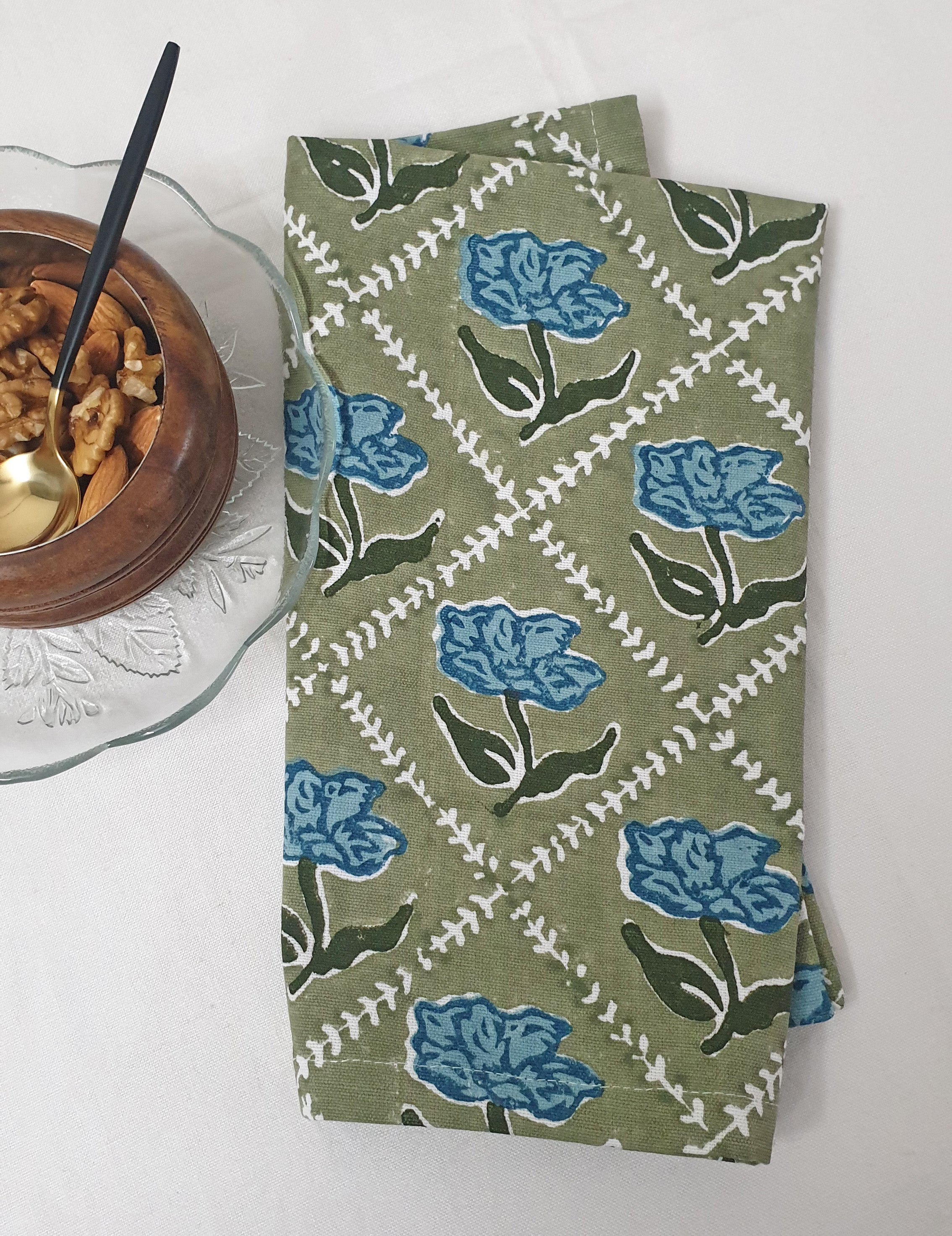 Olive & Blue Block-Print Table Napkins (Set of 2)