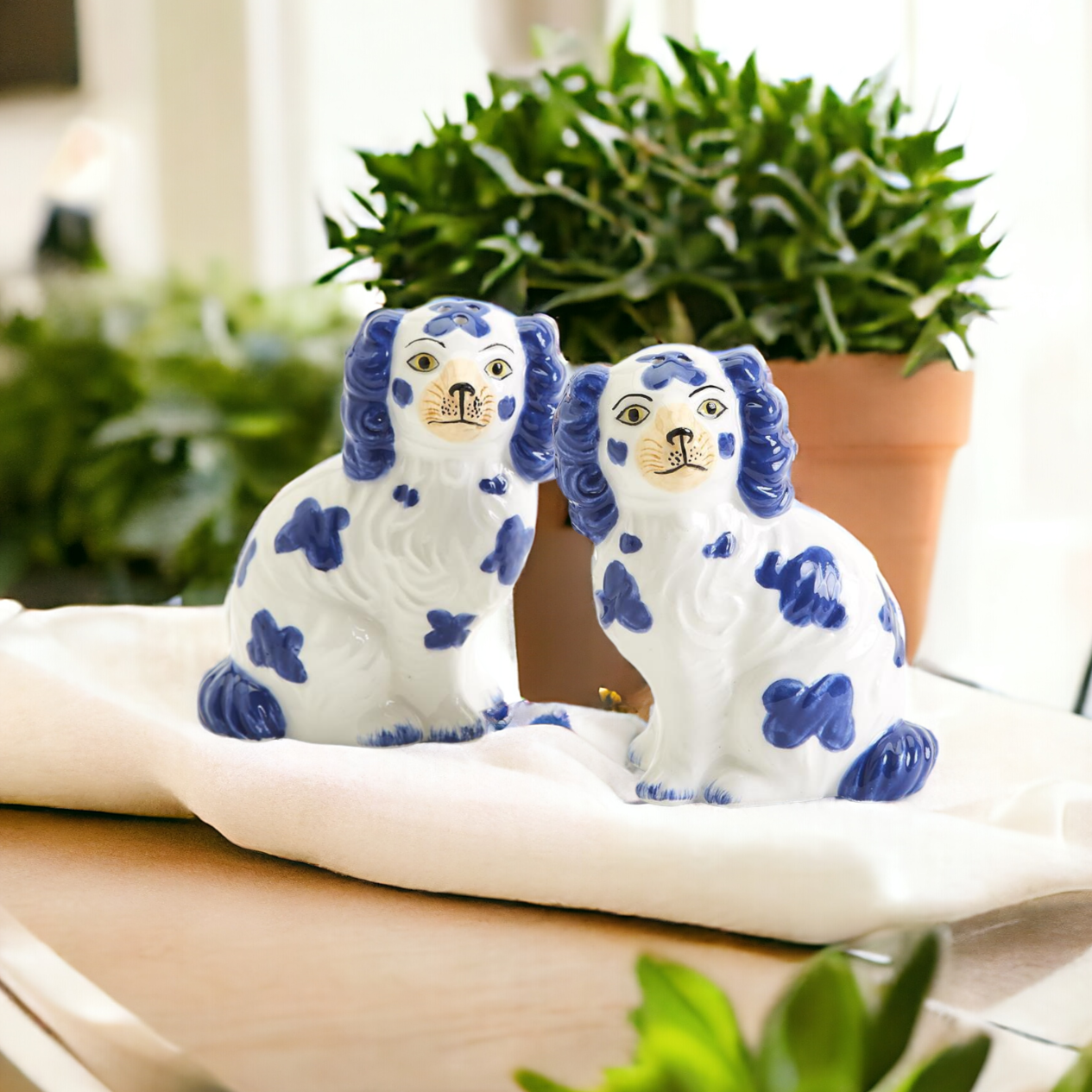 Staffordshire Dog Salt And Pepper Shakers Ceramic Hand-Painted Blue White