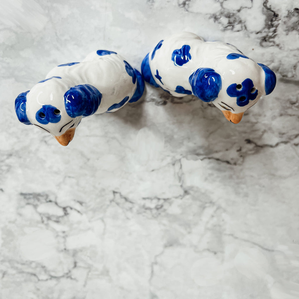Staffordshire Dog Salt And Pepper Shakers Ceramic Hand-Painted Blue White