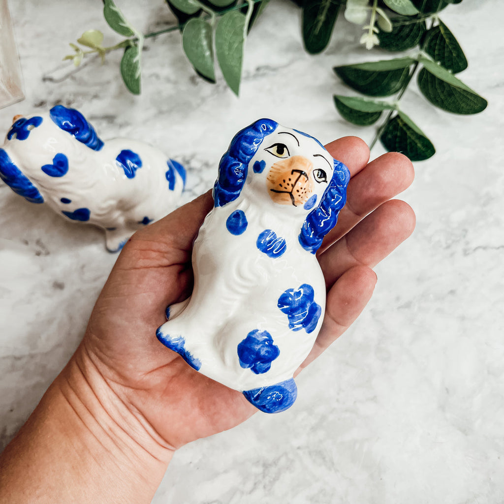 Staffordshire Dog Salt And Pepper Shakers Ceramic Hand-Painted Blue White